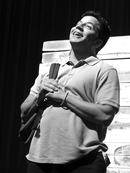 Kevin Sifuentes plays a happy teenager at the DMV in on Oct. 6 performance of  the dramatic monologue Wheels. The presentation was held in the Main Theatre of Skyline. (Diana Diroy)