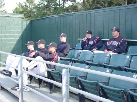 Members of SkylineÂ´s baseball team watch the action on SkylineÂ´s new field from seats that were once MVP field-level seats at 3Com (formerly Candlestick and 3Com) Park. (Liezl Laurel)
