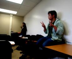 These two students are obviously taking the earthquake drill seriously, obviously. ()