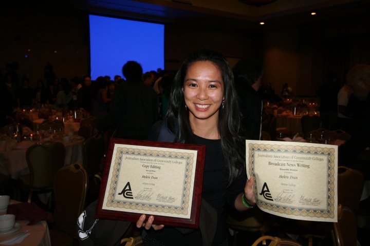 Helen Tran with her Copyeditting and Broadcast News Writing awards (Skyline Journalism Department)