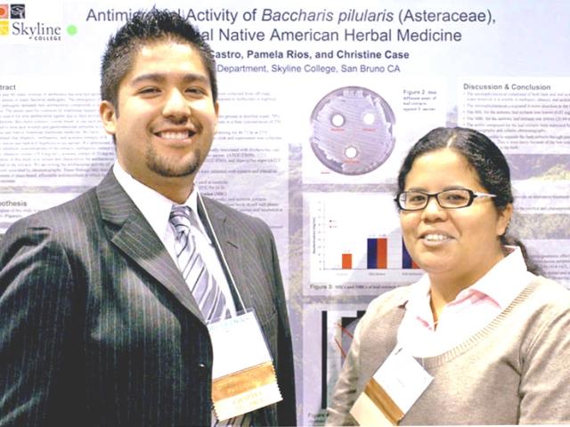 Bardo Castro and Pamela Rios stand in front of their winning poster that earned them their first place prize in biology. (Christine Case)