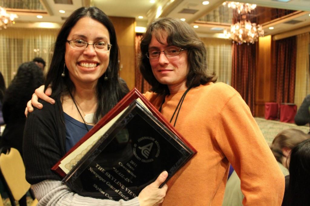 Adviser Nancy Kaplan-Biegel (Left) and Editor in Chief Marc Arguello (Right) present the awards won at JACC. (Alexis de Guzman)