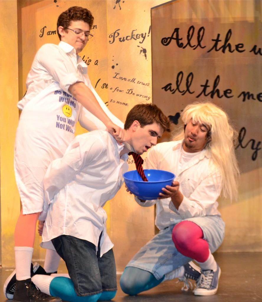 Actor Michael Corzonkoff has his throat slit in a remake of Titus Andronicus as a cooking show. (Larry Cortez)