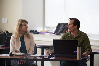 (From left to right) Jennifer Mair and Chris Bui discuss ideas proposed by students.