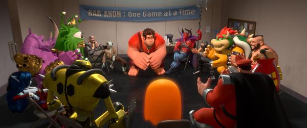 Wreck-It-Ralph (center) talks with the rest of the “baddies”