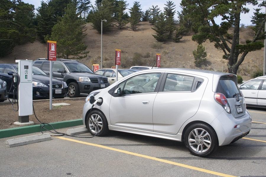 An electric car fills up at Skyline’s new charging station.