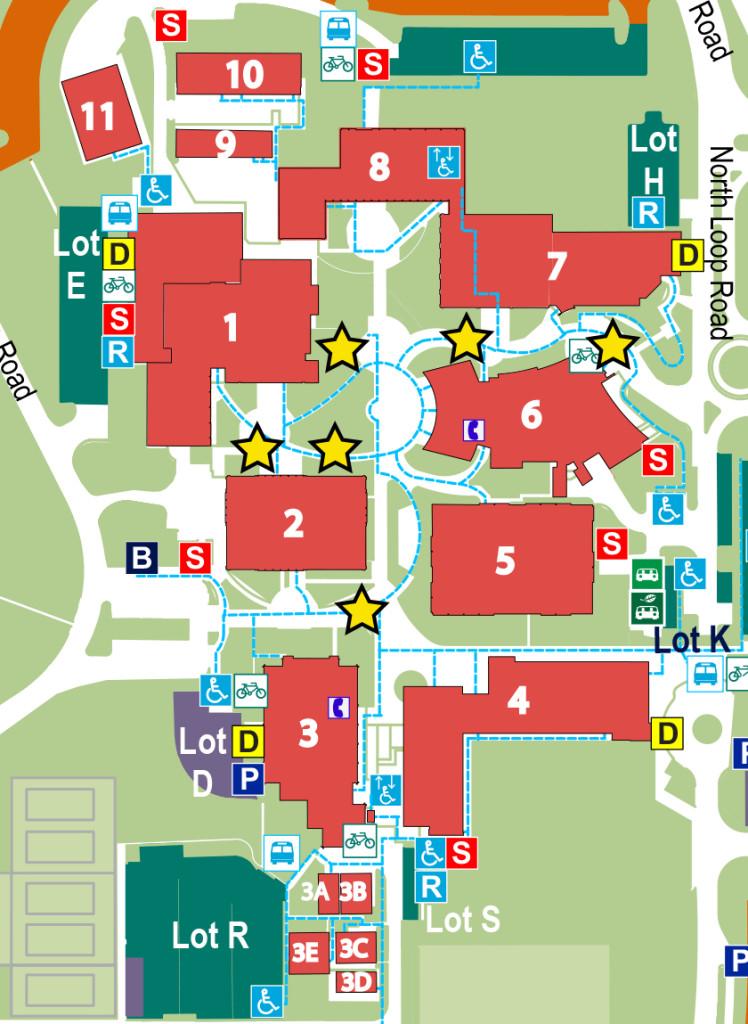The areas marked with a star are areas where students may practice free speech and where venders allowed at.  