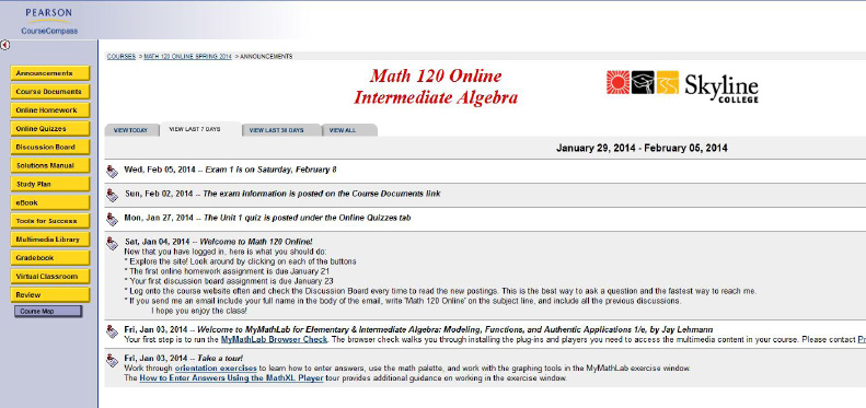 A screenshot of a Skyline student’s online portal to learning Math 120.

