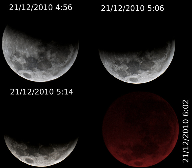 Photographed from Brazil, the captured images show in BRST time an hourly comparison of the last total lunar eclipse in December of 2010. 