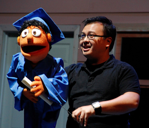 Actor Kevin Valera (right) holding Princeton (the puppet) At Rehearsal for Avenue Q on Tuesday April. 22, 2014. 