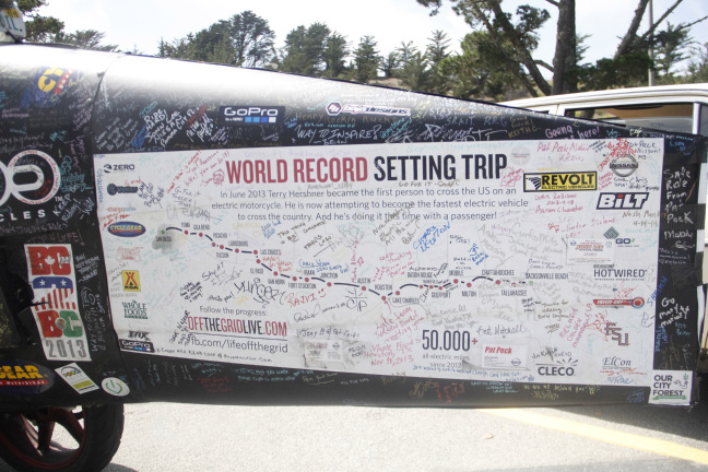 Terry Hershner drove his custom Vetter Zero electric motorcycle to Skyline College in San Bruno, Calif. May 7, 2014 for a charge before heading to San Francisco. In 2013 Herner became first person to travel across country in an electric vehicle.