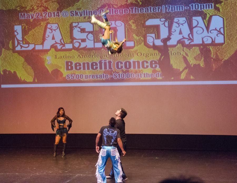 Club Destructores wows the crowd with their acrobatic dance moves including throwing the dancers high into the air during their performance at the LASO Jam Friday, May 2 at Skyline College in San Bruno, Calif. The event also included bands and spoken word, with proceeds going to benefit LASOs scholarship for Latino Americans and undocumented students goal for higher education.