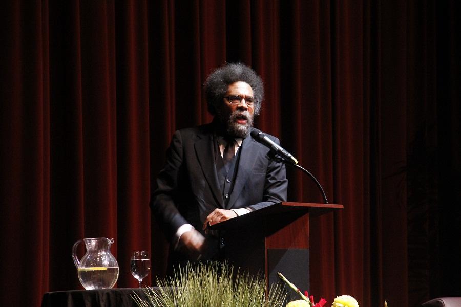 Dr. Cornel West speaking at the Skyline College theater. 