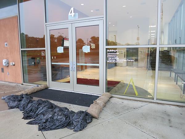 Sandbags were used to prevent anymore flooding in building 4 after the storm closed the campus on Dec. 11, 2014.