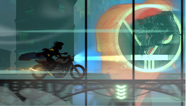 The two main characters Red and the mysterious talking sword Transistor riding on motorcycle as they discuss their next move. Photo credit: Joshua Collier