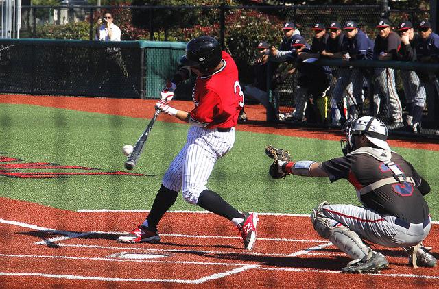 Trojans Brett Berghammer (#3) bats at the March 5 game against Gavilan College. Photo credit: William Nacouzi