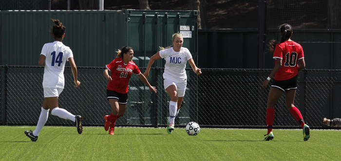 Alfaro (#11) on the defensive against Modesto Junior College’s Tyler Fenton.