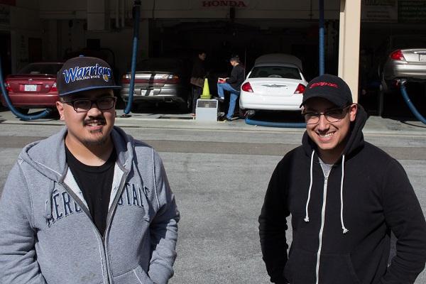 Automotive students Kevin Comando (left) and Roberto Zeledon during Skyline College building 8 power outage on Feb. 22, 2016.
