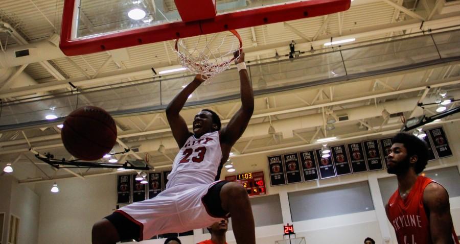 Rams’ Jalen Canty secures a 20-point lead against Skyline College with a slam dunk at City College of San Francisco on Jan. 29, 2016.