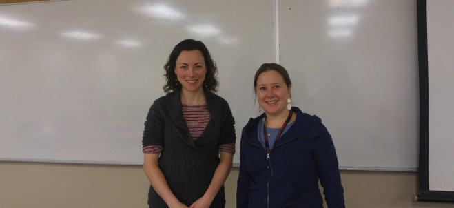 Dr. Bridgette Clarkston, Ph.D., (left) discuss REU opportunities at the Science in Action series with Dr. Carla Grady, Ph.D., (right), on Feb.1 2016. 