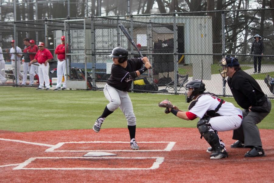 Ryan Cuddy winding up to hit the ball in the seventh inning against City College of San Francisco at Fairmont Park in
Pacifica on Friday, Feb. 26, 2016.