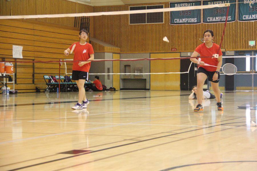 Carla Montanes (right) receiving a rally in a doubles game against Mission College in Santa Clara on April 14, 2016.