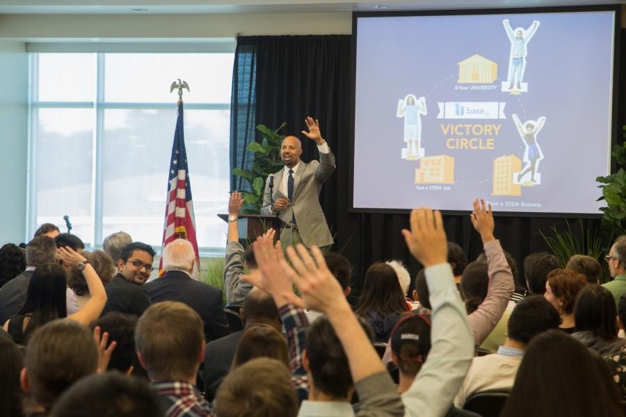 Landon Taylor, CEO of Base 11 speaking to the Skyline community at the launch event on April 6, 2016. 