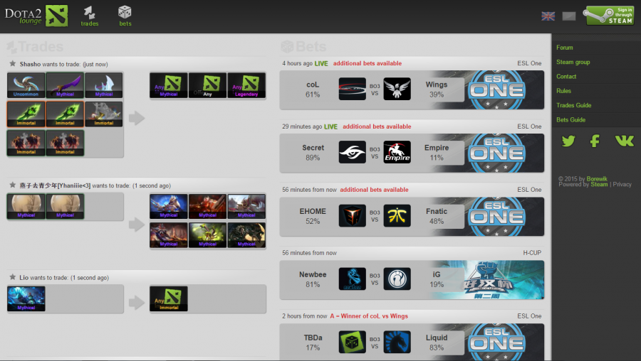 A screenshot of a listing of E-Sports games on Dota2Lounge, where people make bets on different teams. 