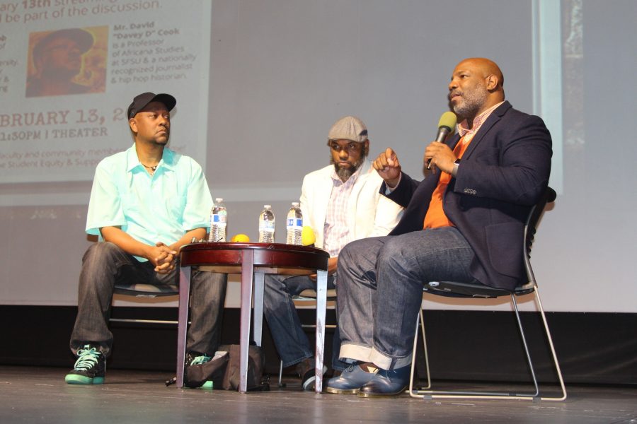 Dave Davey Cook, Dr. Jelani Cobb, and Lasana O. Hotep discuss the new Netflix documentary 13 on a panel in honor of African american Heritage month on February 13, 2017. Photo credit: Miguel Madrigal