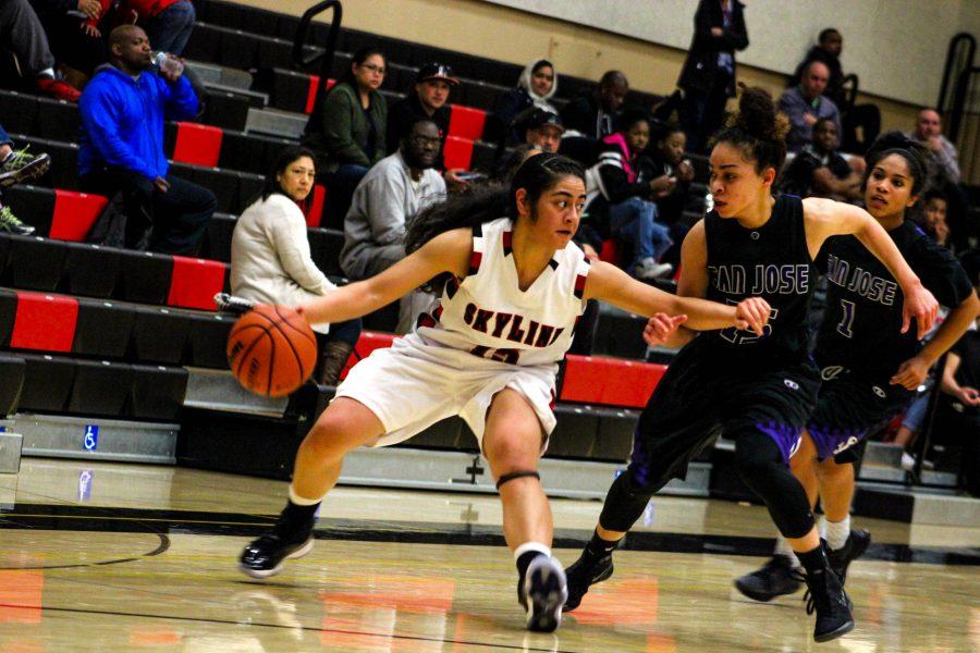 Victoria Langi protects the ball against San Jose City College on Feb. 10.