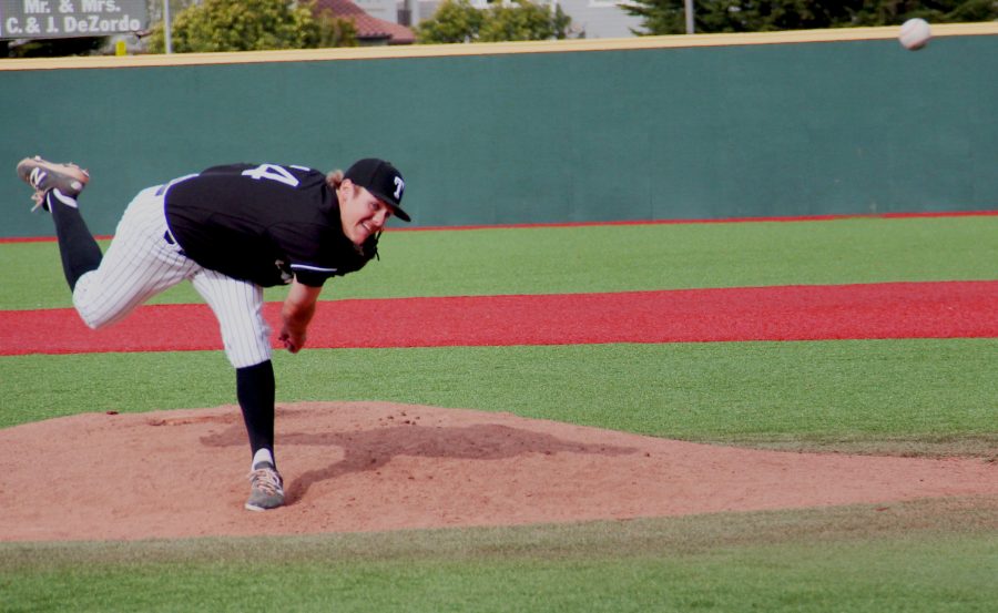 Joe Pratt strikes out two of the batters to close the seventh inning of March 16 at Skyline College.