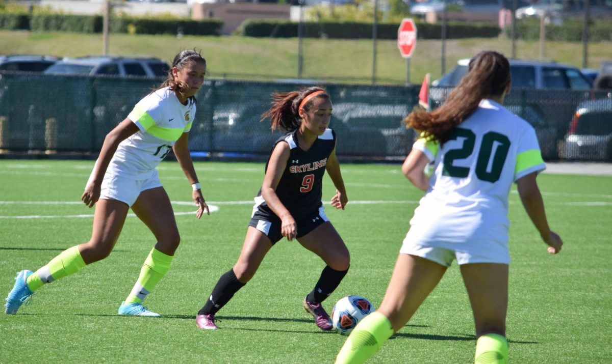 Maria Cazares dribbling her way through defenders to try and score a goal.