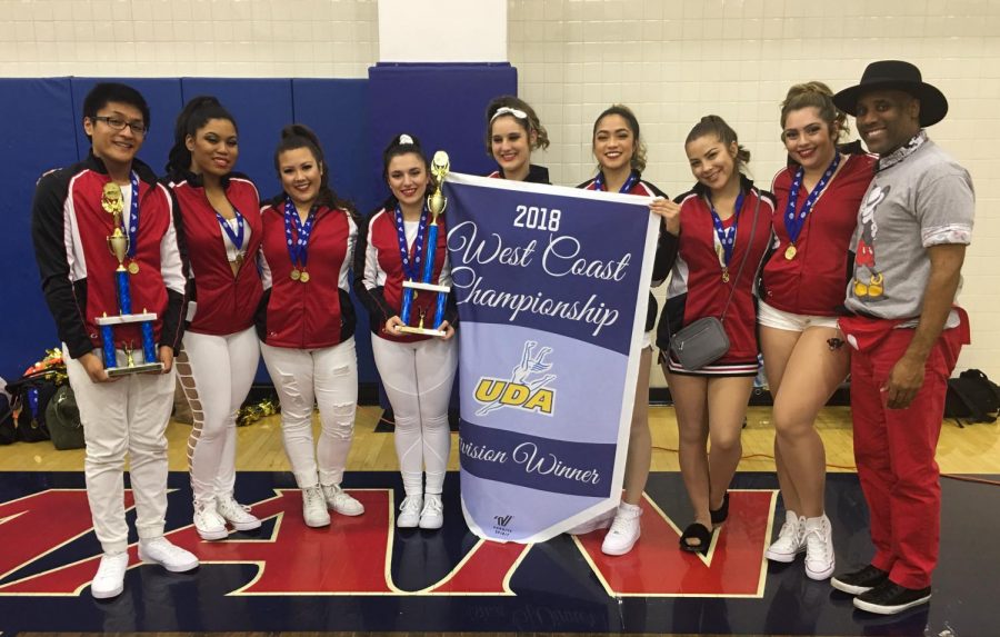 The Skyline College dance team holding their teams 2018 West Coast Championship banner and individual awards. 
