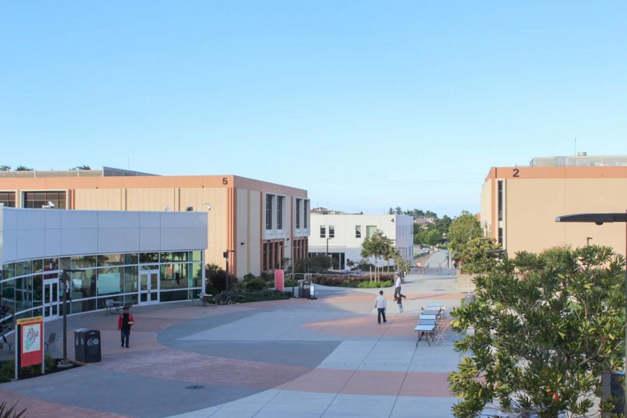 Students walk around the Skyline College campus quad on April 18, 2018. 