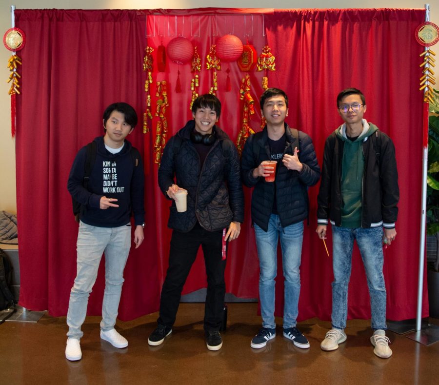 Ly SengChhay (left), Wataru Oshima, Kimheng Peng and Udom Seang (right) celebrate the Lunar New Year in Building 6 on Feb 27. 2020. 