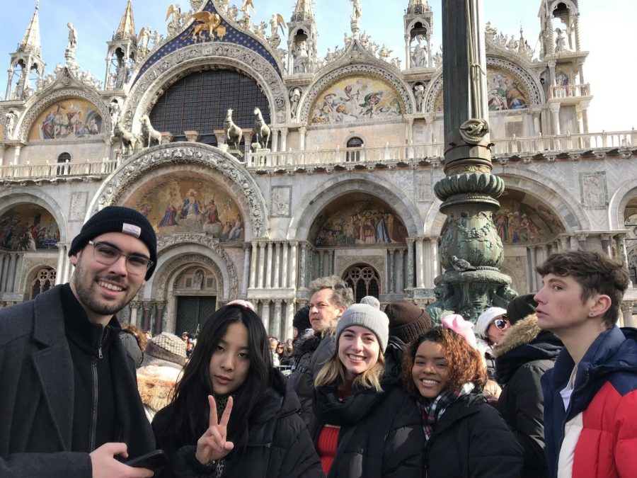 Justin Decosta, Megan Mai, Zoe Gwizdak, Michelle Diaz, and Nolan Legault watch the Flight of the Angel in Piazza San Marco on Feb. 28, 2019
