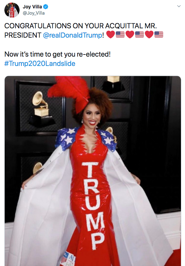 Joy Villas Twitter post where she celebrates Donald Trumps acquittal