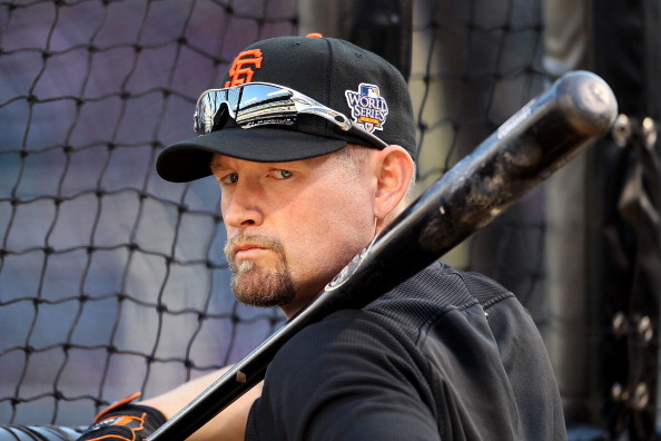 ARLINGTON, TX - OCTOBER 30:  Aubrey Huff #17 of the San Francisco Giants looks on during batting practice against the Texas Rangers in Game Three of the 2010 MLB World Series at Rangers Ballpark in Arlington on October 30, 2010 in Arlington, Texas.  (Photo by Elsa/Getty Images)