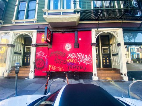 The Chrome store on Valencia Street in San Francisco is boarded and colored with art and graffiti.