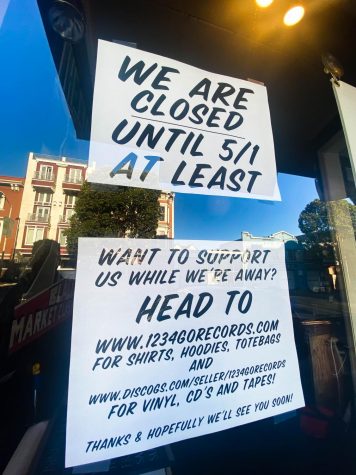 A we are closed sign posted on the window of 1-2-3-4-Go! Records at 1038 Valencia St. 