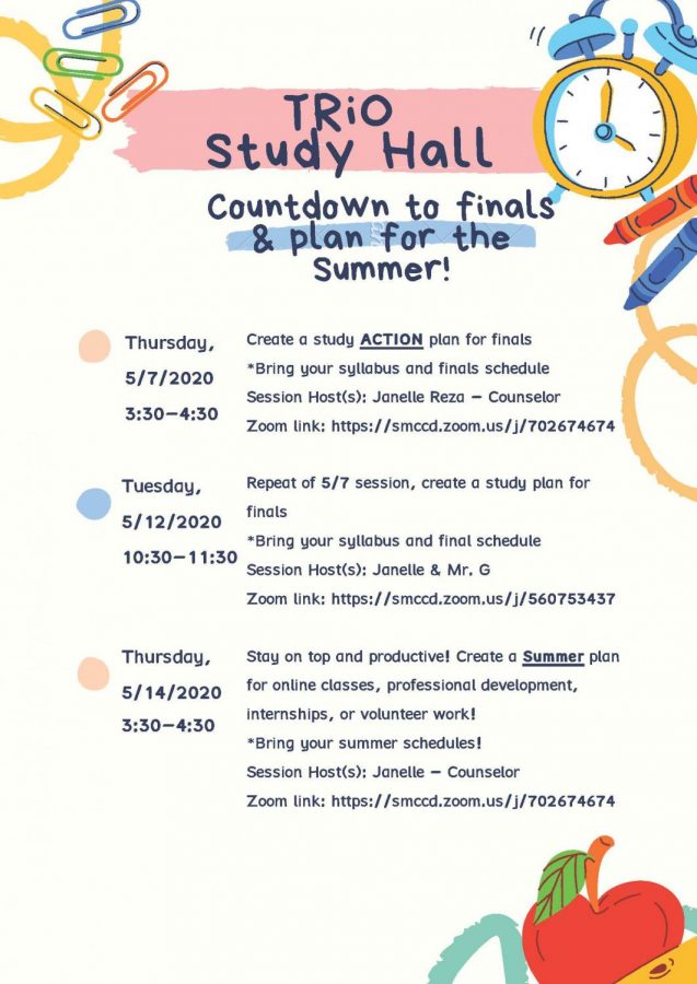 An illustration for Trio Study hall schedule for finals week at Skyline College, May 14, 2020.