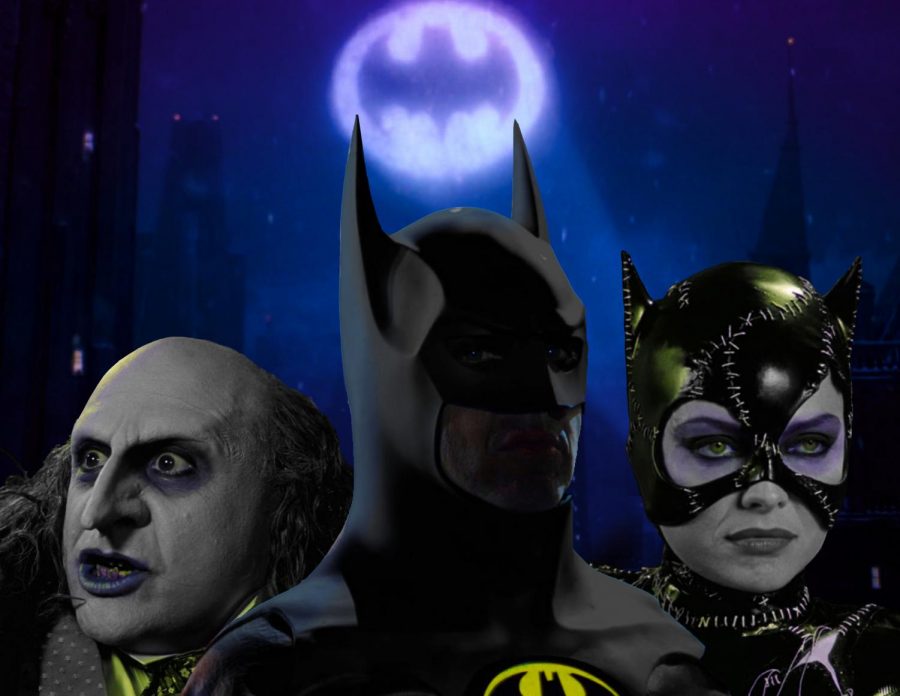 Three of the most important figures from the 1992 Batman Returns by Tim Burton: the Penguin, Batman, and Catwoman.