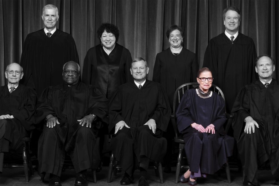 Nov. 30, 2018, The justices of the U.S. Supreme Court are here seen for a formal group portrait to include the new Associate Justice, top row, far right, at the Supreme Court building in Washington. Seated from left: Associate Justice Stephen Breyer, Associate Justice Clarence Thomas, Chief Justice of the United States John G. Roberts, Associate Justice Ruth Bader Ginsburg and Associate Justice Samuel Alito Jr. Standing behind from left: Associate Justice Neil Gorsuch, Associate Justice Sonia Sotomayor, Associate Justice Elena Kagan and Associate Justice Brett M. Kavanaugh.