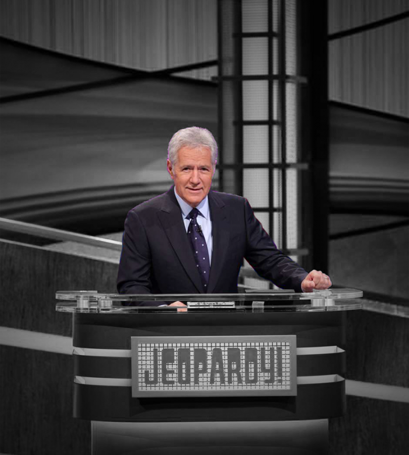 Alex Trebek at the podium where he served as host of Jeopardy! for over 30 years.