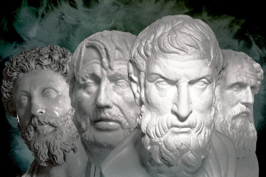 (From left to right) Marcus Aurelius, Seneca the Younger, Epictetus, Zeno of Citium.