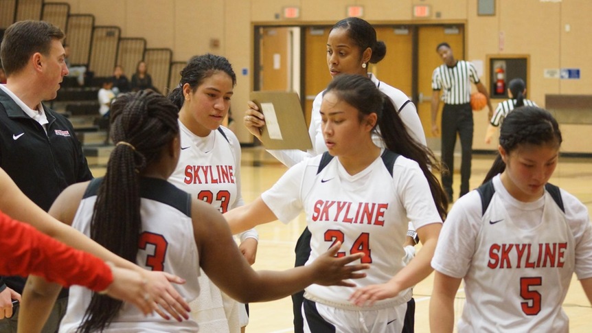 Womens basketball players high five during a 2019 regular-season game.