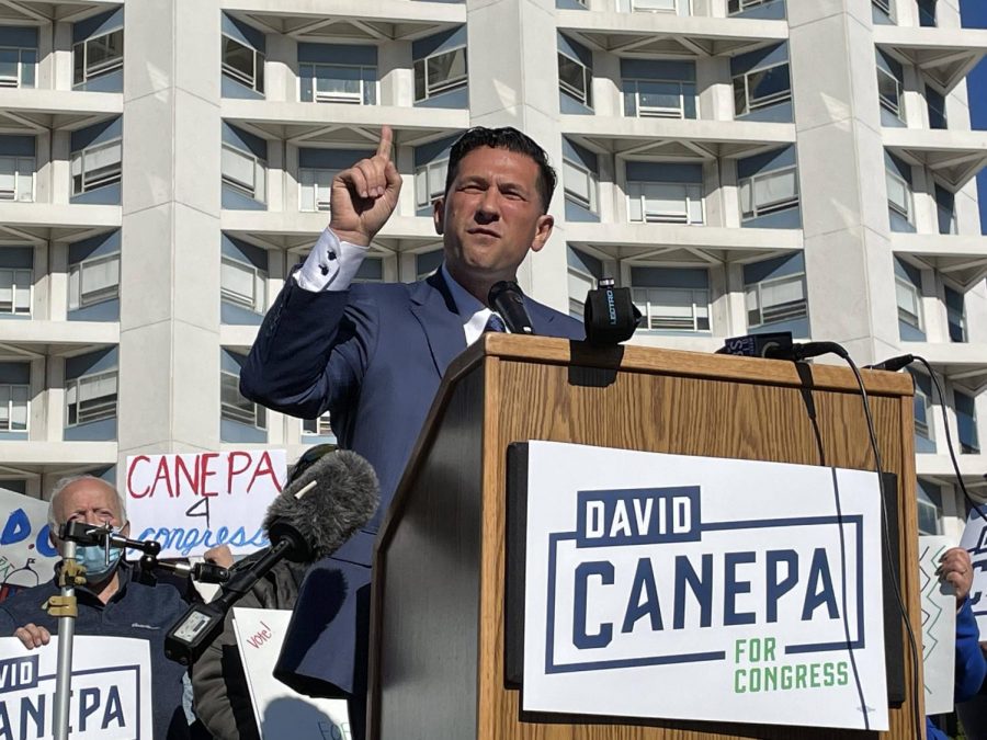 David Canepa announces his candidacy at Seton Medical Center surrounded by supporters.
