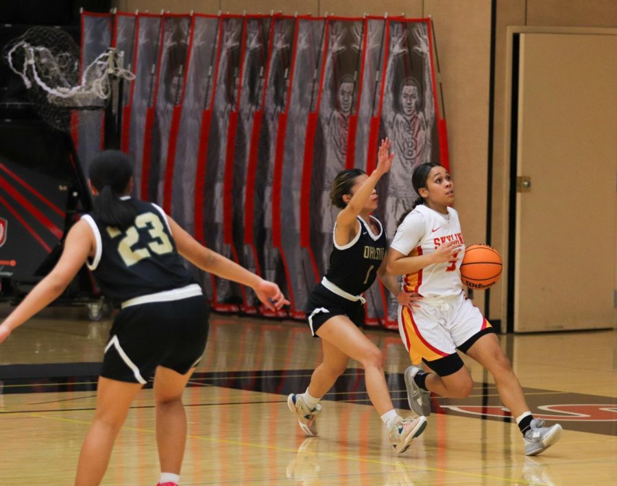 Tatiana Newsome (right) defends Skyline College against Dana Prudente (left) at a home game on Wednesday Feb. 8.