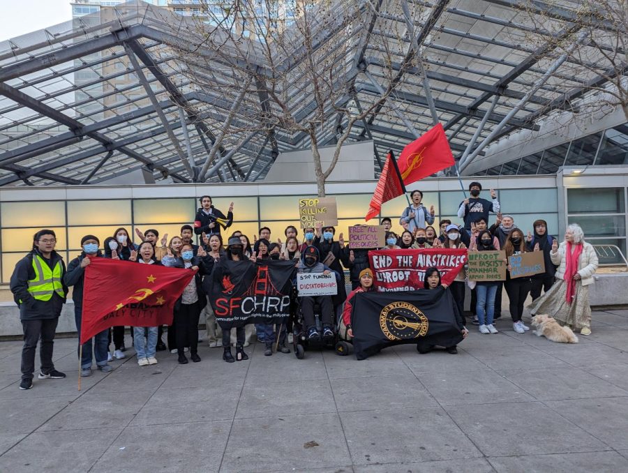 Students and advocates protest in front the 
 San Francisco Federal Building on April 12. Anakbayan Daly City (left), SFCHRP (Middle), MSU (Right).