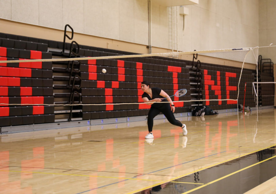 Karen Garcia Lopez makes a backhand swing during badminton practice at Skyline College on April 5.